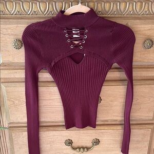 Planet Gold Maroon Ribbed Cut Out laced Top
